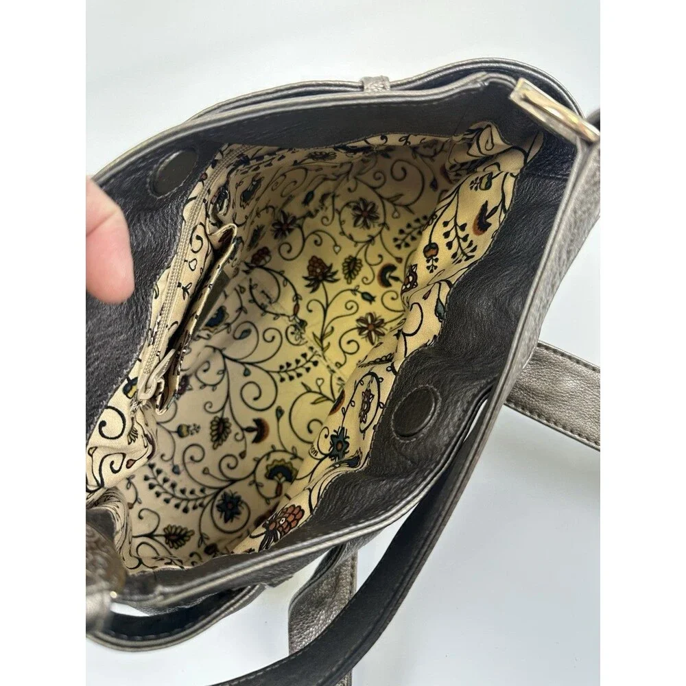 Brighton Bow Strap Hobo Handbag Pewter Metallic Leather Shoulder Purse Magnetic